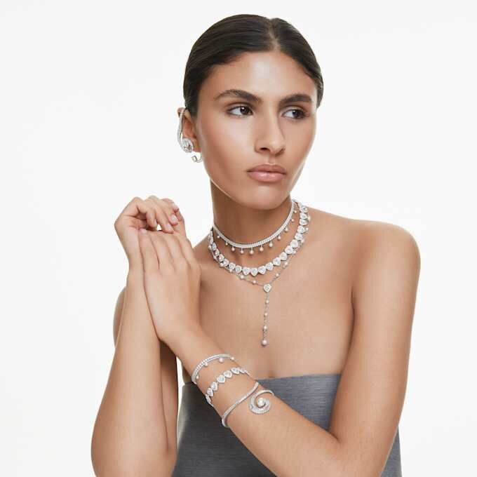 Ariana Grande X Swarovski Clip-Ohrringe, asymmetrisches Design, Kristallperle, Baguette-Schliff, weiß, rhodiniert Ariana Grande X Swarovski Clip-Ohrringe, asymmetrisches Design, Kristallperle, Baguette-Schliff, weiß, rhodiniert