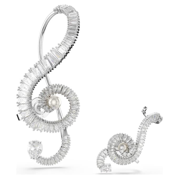 Ariana Grande X Swarovski Clip-Ohrringe, asymmetrisches Design, Kristallperle, Baguette-Schliff, weiß, rhodiniert Ariana Grande X Swarovski Clip-Ohrringe, asymmetrisches Design, Kristallperle, Baguette-Schliff, weiß, rhodiniert