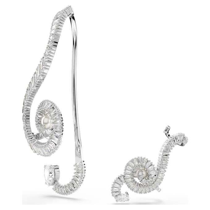 Ariana Grande X Swarovski Clip-Ohrringe, asymmetrisches Design, Kristallperle, Baguette-Schliff, weiß, rhodiniert Ariana Grande X Swarovski Clip-Ohrringe, asymmetrisches Design, Kristallperle, Baguette-Schliff, weiß, rhodiniert
