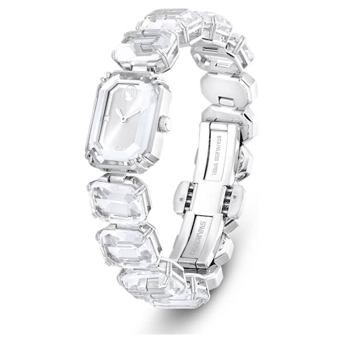 Armbanduhr mit achtkantigen Kristallen, weiß, Edelstahl Armbanduhr mit achtkantigen Kristallen, weiß, Edelstahl