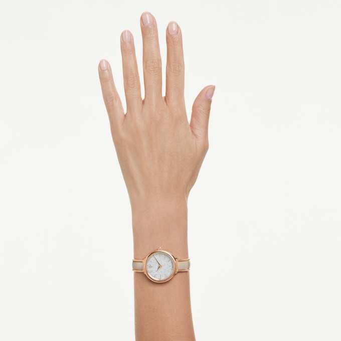 Crystalline-Armbanduhr „Swiss Made“, Metallarmband, beige, roségoldfarbenes Finish Crystalline-Armbanduhr „Swiss Made“, Metallarmband, beige, roségoldfarbenes Finish