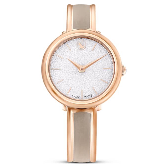 Crystalline-Armbanduhr „Swiss Made“, Metallarmband, beige, roségoldfarbenes Finish Crystalline-Armbanduhr „Swiss Made“, Metallarmband, beige, roségoldfarbenes Finish