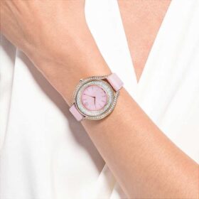 Crystalline Aura Uhr, Swiss Made, Lederarmband, Rosa, roségoldfarbenes Finish