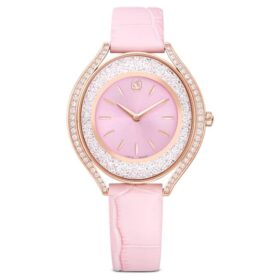 Crystalline Aura Uhr, Swiss Made, Lederarmband, Rosa, roségoldfarbenes Finish