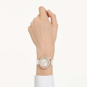 Crystalline Aura Uhr, Swiss Made, Lederarmband, weiß, roségoldfarbenes Finish