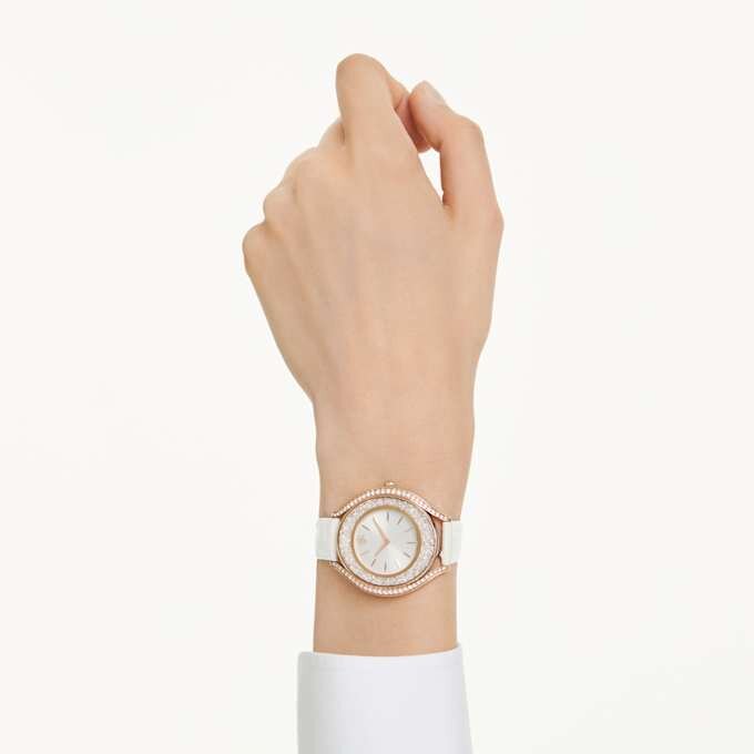 Crystalline Aura Uhr, Swiss Made, Lederarmband, weiß, roségoldfarbenes Finish Crystalline Aura Uhr, Swiss Made, Lederarmband, weiß, roségoldfarbenes Finish
