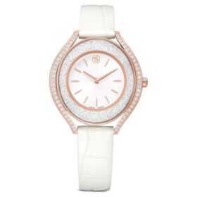 Crystalline Aura Uhr, Swiss Made, Lederarmband, weiß, roségoldfarbenes Finish