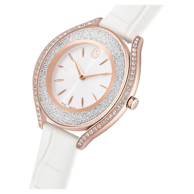 Crystalline Aura Uhr, Swiss Made, Lederarmband, weiß, roségoldfarbenes Finish Crystalline Aura Uhr, Swiss Made, Lederarmband, weiß, roségoldfarbenes Finish