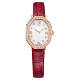 Dextera Octagon Uhr, Swiss Made, Lederarmband, rot, roségoldfarben