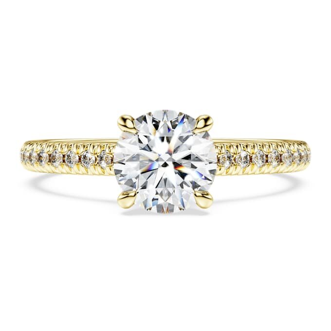 Eternity-Solitärring mit im Labor gezüchteten Diamanten, 1,2 Karat insgesamt, runde Form, 14 Karat Gelbgold Eternity-Solitärring mit im Labor gezüchteten Diamanten, 1,2 Karat insgesamt, runde Form, 14 Karat Gelbgold