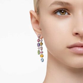Gema-Ohrringe im asymmetrischen Design, gemischte Schliffe, lang, mehrfarbig, rhodiniert