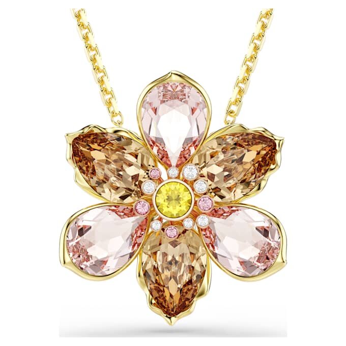 Idyllia-Anhänger und -Brosche mit gemischten Schliffen, Blume, mehrfarbig, goldfarben plattiert Idyllia-Anhänger und -Brosche mit gemischten Schliffen, Blume, mehrfarbig, goldfarben plattiert