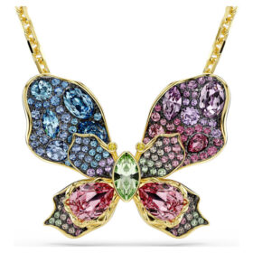 Idyllia Anhänger und Brosche mit gemischten Schliffen, Pavé, Schmetterling, mehrfarbig, goldfarben plattiert