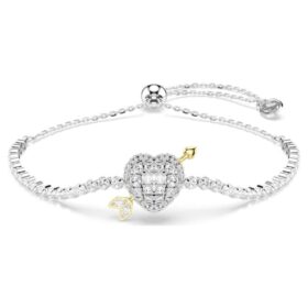 Idyllia-Armband mit gemischten Schliffen, Herz mit Pfeil, weiß, rhodiniert