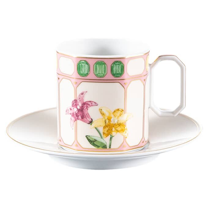 Idyllia Kaffeetasse mit Untertasse aus Porzellan, Kristall-Print-Motiv, Blumen, mehrfarbig Idyllia Kaffeetasse mit Untertasse aus Porzellan, Kristall-Print-Motiv, Blumen, mehrfarbig