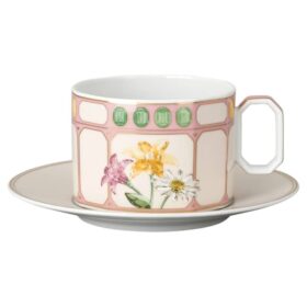 Idyllia Kombitasse mit Untertasse aus Porzellan, Kristalldruck-Motiv, Blumenstrauß, mehrfarbig