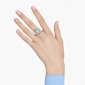 Idyllia Offener Ring mit gemischten Schliffen, Blume, Blau, goldfarben plattiert