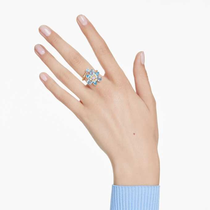 Idyllia Offener Ring mit gemischten Schliffen, Blume, Blau, goldfarben plattiert Idyllia Offener Ring mit gemischten Schliffen, Blume, Blau, goldfarben plattiert