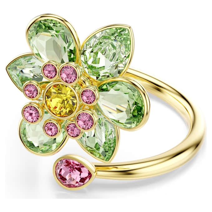 Idyllia Offener Ring mit gemischten Schliffen, Blume, grün, goldfarben plattiert Idyllia Offener Ring mit gemischten Schliffen, Blume, grün, goldfarben plattiert