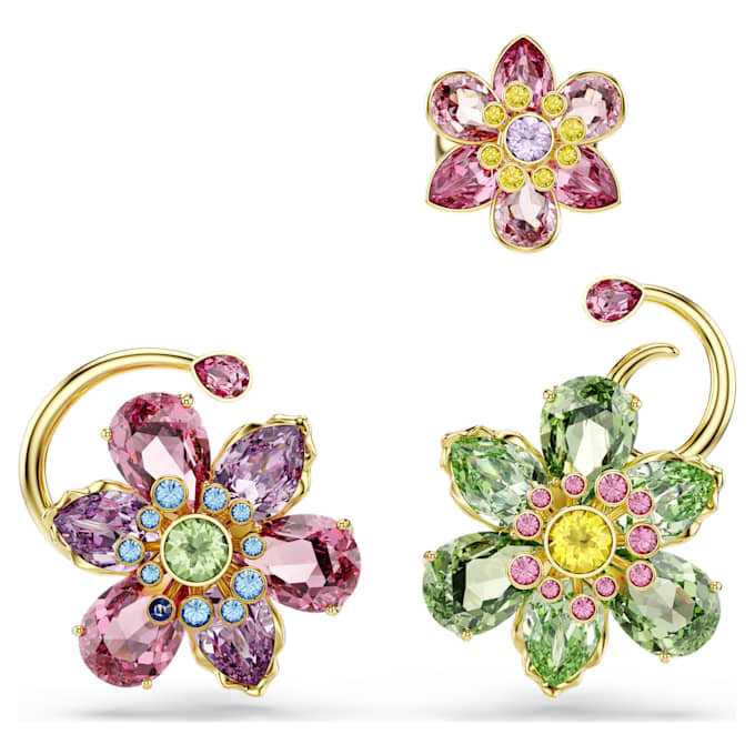 Idyllia Ohrklemmen-Set (3), asymmetrisches Design, gemischte Schliffe, Blume, mehrfarbig, goldfarben plattiert Idyllia Ohrklemmen-Set (3), asymmetrisches Design, gemischte Schliffe, Blume, mehrfarbig, goldfarben plattiert