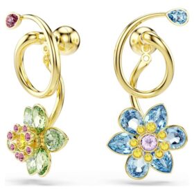 Idyllia-Ohrringe im asymmetrischen Design, gemischte Schliffe, Blumenmotiv, mehrfarbig, goldfarben plattiert