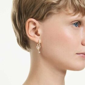 Idyllia-Ohrringe mit Ohrklemme, gemischte Schliffe, Herz mit Schlüssel, rosa, goldfarben plattiert