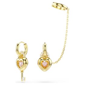 Idyllia-Ohrringe mit Ohrklemme, gemischte Schliffe, Herz mit Schlüssel, rosa, goldfarben plattiert