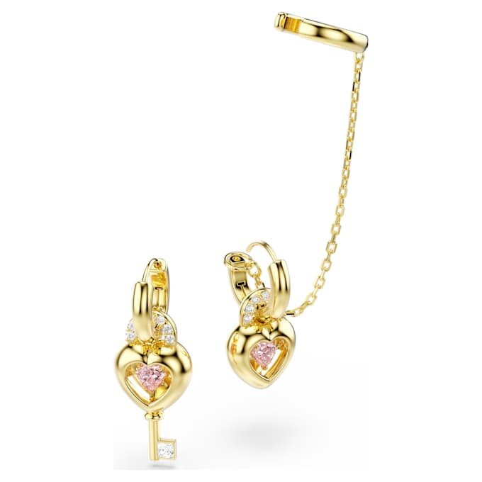Idyllia-Ohrringe mit Ohrklemme, gemischte Schliffe, Herz mit Schlüssel, rosa, goldfarben plattiert Idyllia-Ohrringe mit Ohrklemme, gemischte Schliffe, Herz mit Schlüssel, rosa, goldfarben plattiert