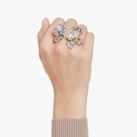 Idyllia-Ring mit gemischten Schliffen, Pavé, Blumenmotiv, mehrfarbig, goldfarben plattiert