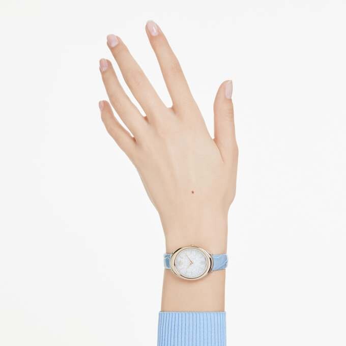 Imber Oval Uhr Swiss Made, Lederarmband, Blau, champagnerfarbene Goldoptik Imber Oval Uhr Swiss Made, Lederarmband, Blau, champagnerfarbene Goldoptik