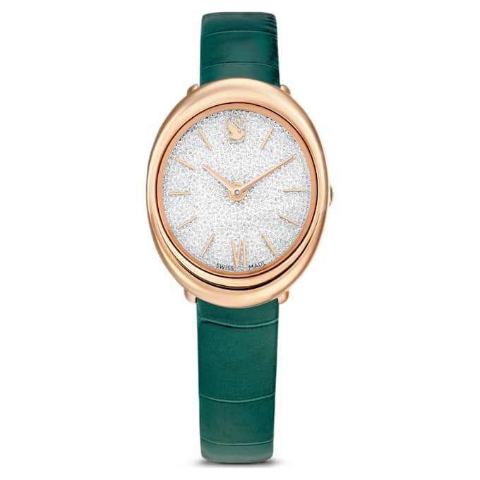 Imber Oval Uhr Swiss Made, Lederarmband, grün, roségoldfarben Imber Oval Uhr Swiss Made, Lederarmband, grün, roségoldfarben