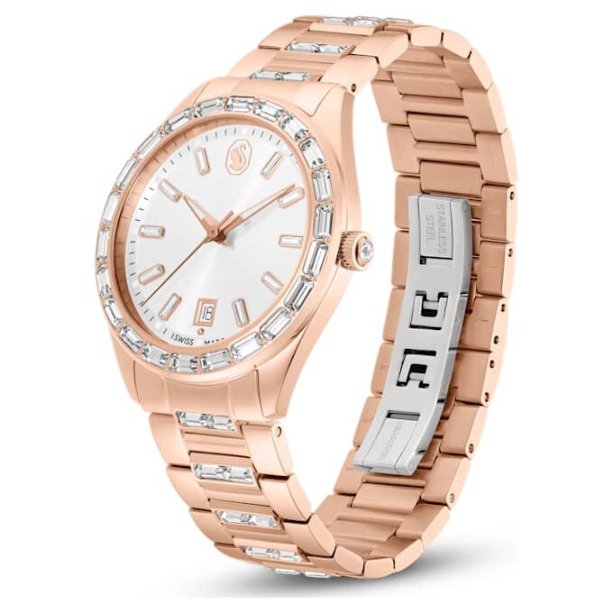 Matrix-Datumsuhr „Swiss Made“, Metallarmband, roségoldfarben, roségoldfarbene Oberfläche Matrix-Datumsuhr „Swiss Made“, Metallarmband, roségoldfarben, roségoldfarbene Oberfläche