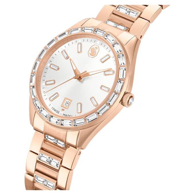 Matrix-Datumsuhr „Swiss Made“, Metallarmband, roségoldfarben, roségoldfarbene Oberfläche Matrix-Datumsuhr „Swiss Made“, Metallarmband, roségoldfarben, roségoldfarbene Oberfläche