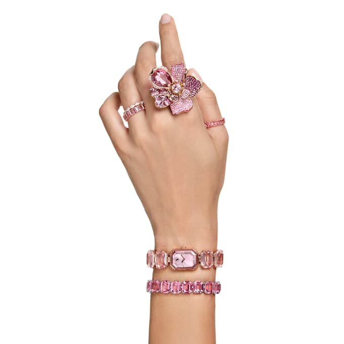 Armbanduhr mit achtkantigem Schliff, rosa, roségoldfarben Armbanduhr mit achtkantigem Schliff, rosa, roségoldfarben