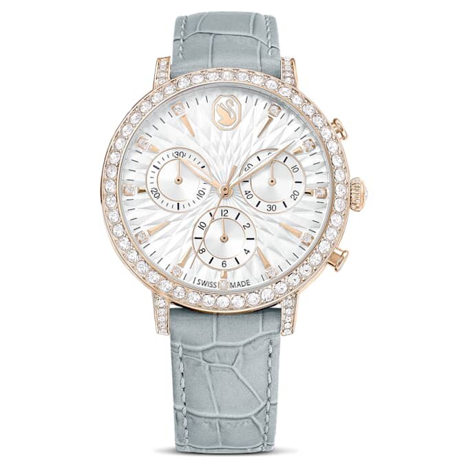 Matrix Tennis Chrono Uhr Swiss Made, Lederarmband, Grau, champagnerfarbene Gold-PVD-Beschichtung Matrix Tennis Chrono Uhr Swiss Made, Lederarmband, Grau, champagnerfarbene Gold-PVD-Beschichtung
