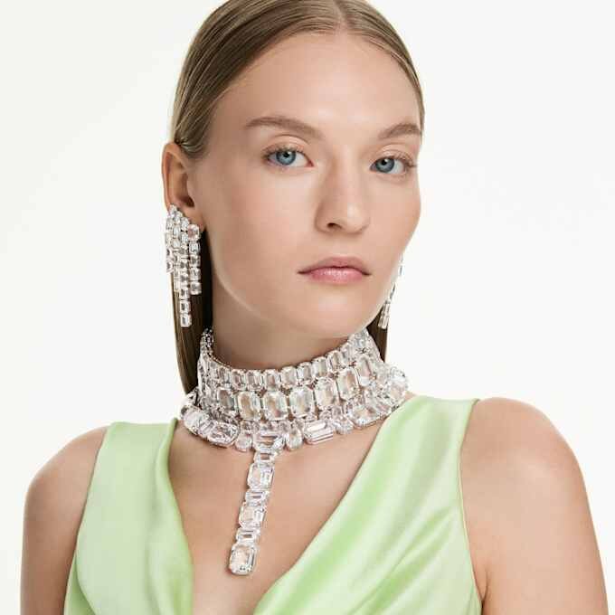 Millenia-Clip-Ohrringe im Achtkant-Schliff, Kronleuchter-Design, Weiß, rhodiniert Millenia-Clip-Ohrringe im Achtkant-Schliff, Kronleuchter-Design, Weiß, rhodiniert