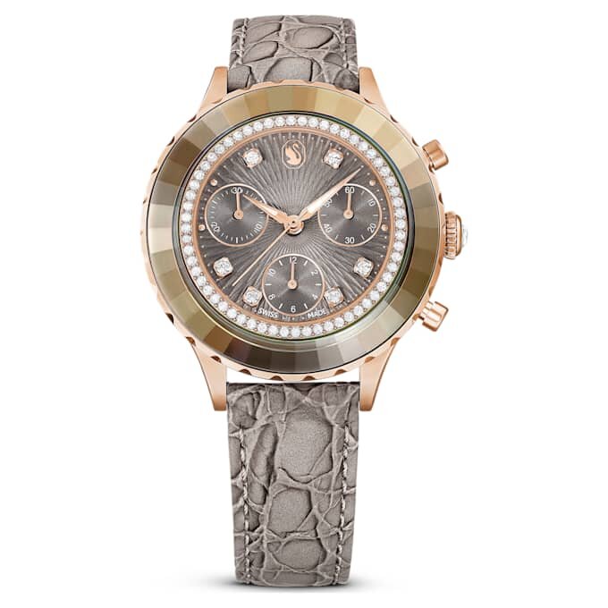 Octea Chrono Uhr Swiss Made, Lederarmband, grau, roségoldfarben Octea Chrono Uhr Swiss Made, Lederarmband, grau, roségoldfarben