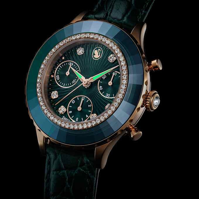 Octea Chrono Uhr, Swiss Made, Lederarmband, grün, roségoldfarbenes Finish Octea Chrono Uhr, Swiss Made, Lederarmband, grün, roségoldfarbenes Finish