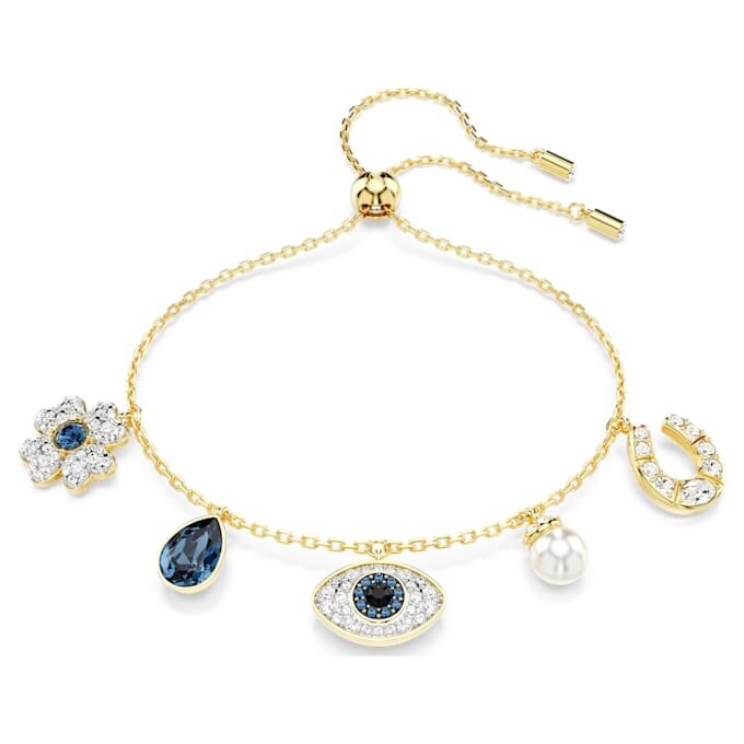Symbolica-Armband mit Kristallperle, Kleeblatt, bösem Blick und Hufeisen, blau, vergoldet Symbolica-Armband mit Kristallperle, Kleeblatt, bösem Blick und Hufeisen, blau, vergoldet