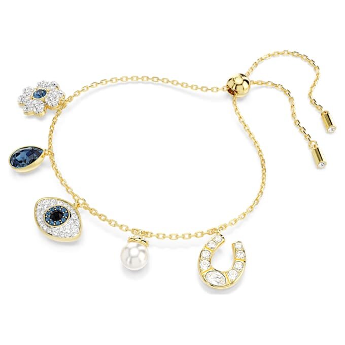 Symbolica-Armband mit Kristallperle, Kleeblatt, bösem Blick und Hufeisen, blau, vergoldet Symbolica-Armband mit Kristallperle, Kleeblatt, bösem Blick und Hufeisen, blau, vergoldet