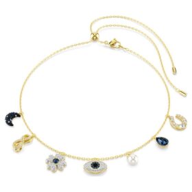 Symbolica-Halskette mit Kristallperle, Mond, Infinity-Symbol, Kleeblatt, bösem Blick und Hufeisen, blau, goldfarben plattiert