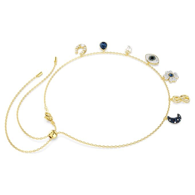 Symbolica-Halskette mit Kristallperle, Mond, Infinity-Symbol, Kleeblatt, bösem Blick und Hufeisen, blau, goldfarben plattiert Symbolica-Halskette mit Kristallperle, Mond, Infinity-Symbol, Kleeblatt, bösem Blick und Hufeisen, blau, goldfarben plattiert
